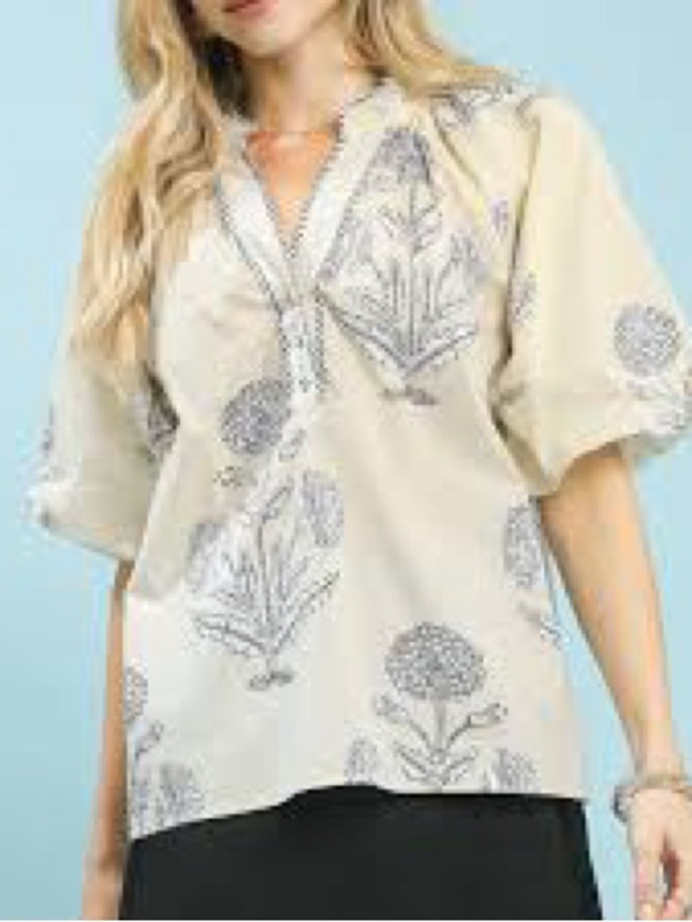 Umgee Floral Print V Neck Puff Sleeve Cotton Blouse Cream Black Large C5677